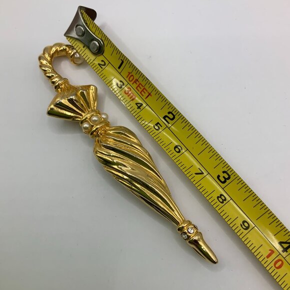 Premier Designs Vintage Umbrella Faux Pearl Rhinestone Gold Tone Brooch Pendant - Picture 4 of 7